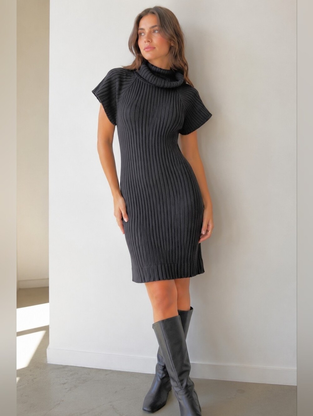 Calvin Klein Black Ribbed Knit Mini Sweater Dress